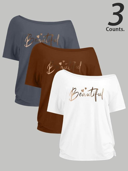 Women's Letter Print One Shoulder Tee, Casual Fashion T-shirt for Daily Wear, Ladies Clothes for All Seasons, Topstyle{n002}2