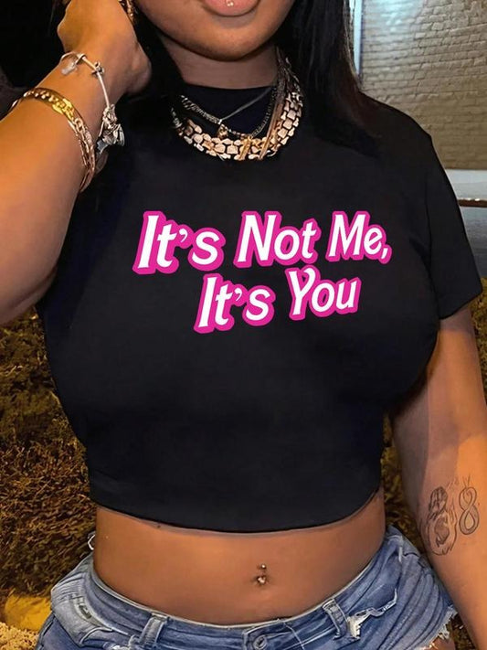 Women's Letter Print Round Neck Crop Tee, Casual Short Sleeve Graphic Crop Top For Daily Wear, Ladies Clothes For All Seasons