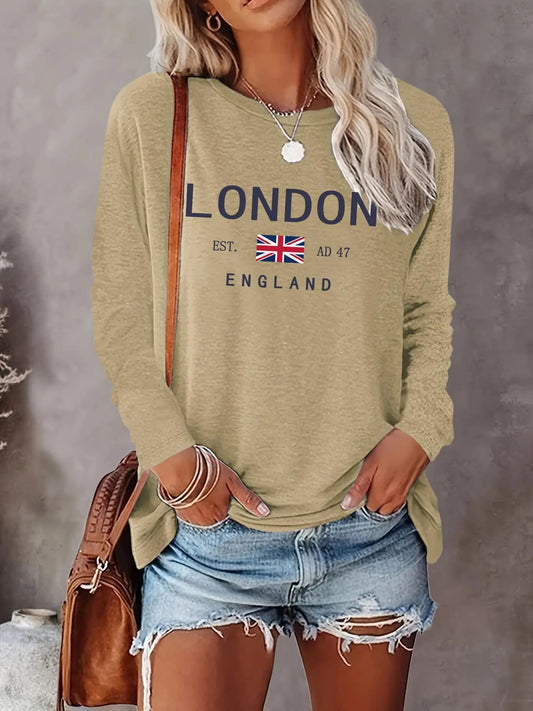 Women's Letter Print Round Neck Sweatshirt, Casual Long Sleeve Crew Neck Pullover for Fall & Winter, Fashion Women's Top for Daily Wear