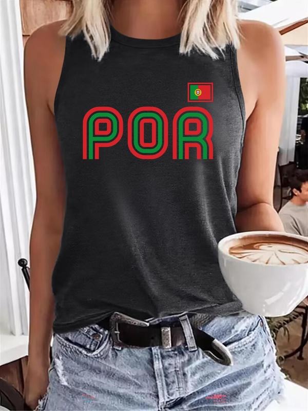 Women's Letter Print Round Neck Tank Top, Casual Sleeveless Crew Neck Top for Summer, Ladies Clothes for Daily Wear,...