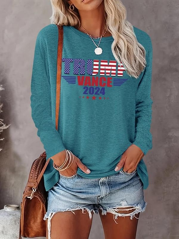 Women's Letter Print Round Neck Tee, Casual Long Sleeve Crew Neck T-shirt for Daily Wear, Ladies Clothes for All Seasons...