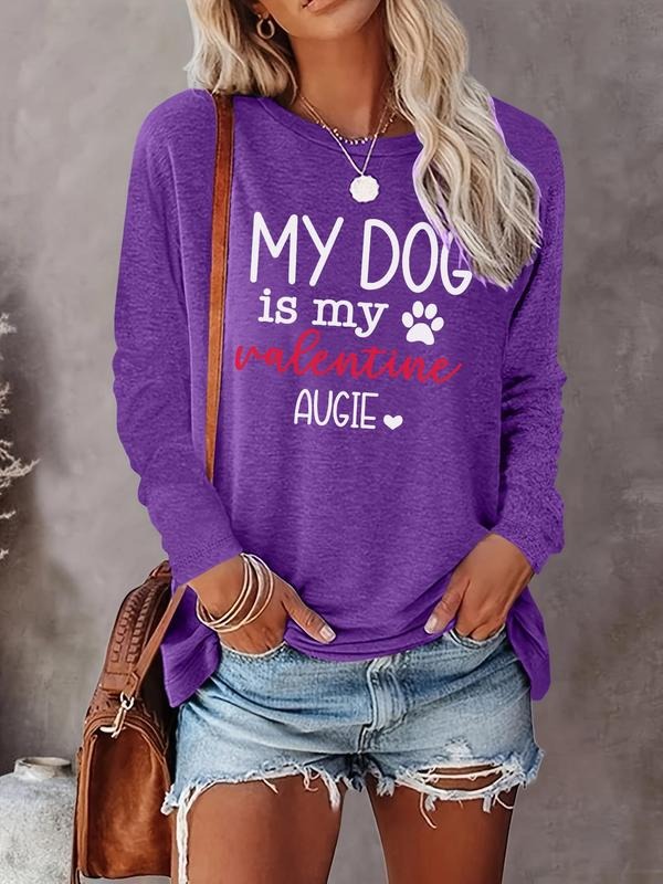 Women's Letter Print Round Neck Tee, Casual Long Sleeve Crew Neck Top for Fall & Winter, Women's Top for Daily...