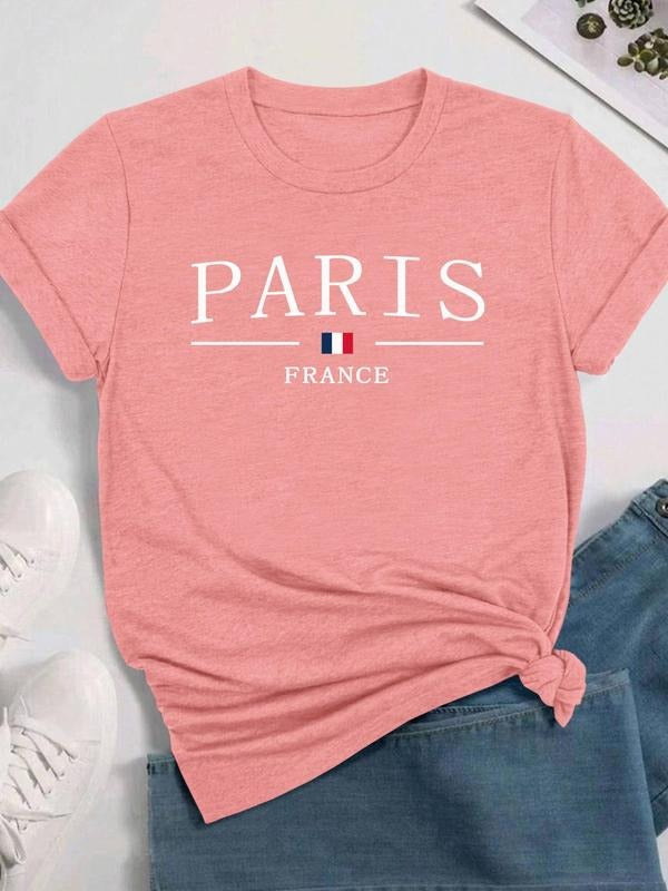 Women's Letter Print Round Neck Tee, Casual Short Sleeve Crew Neck T-shirt for Daily Wear, Ladies Clothes for All...
