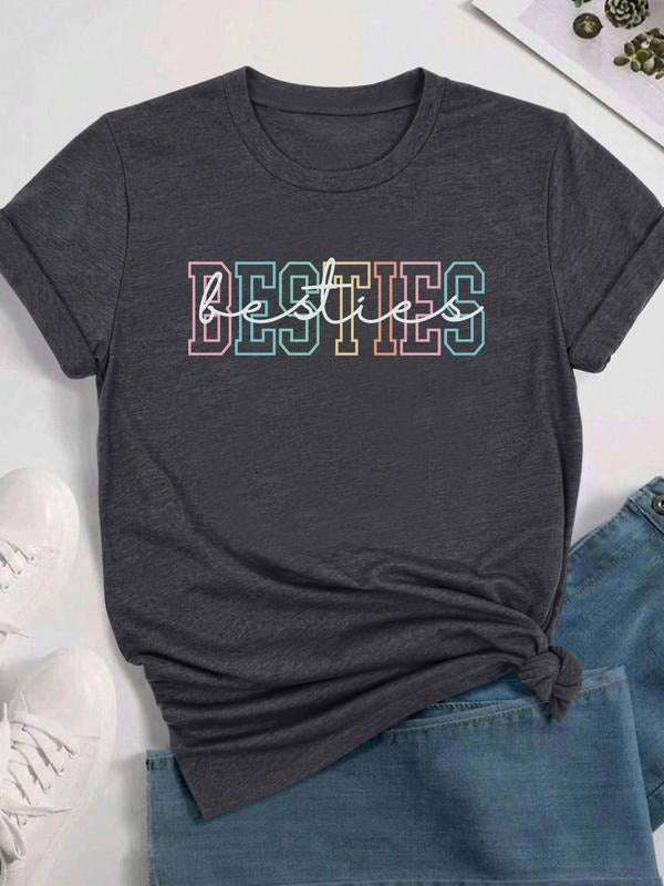 Women's Letter Print Round Neck Tee, Casual Short Sleeve Crew Neck T-shirt for Daily Wear, Ladies Clothes for All...