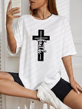 Women's Letter Print Round Neck Tee, Summer Clothes Women, Casual Cross Graphic Short Sleeve Crew Neck T-Shirt for...