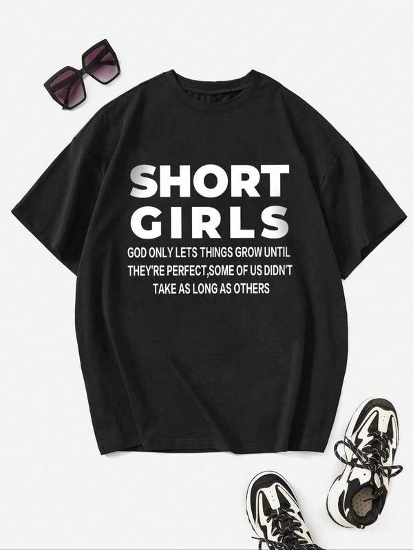 Women's Letter Print Round Neck Tee, Summer Clothes Women, Short Sleeve Crew Neck T-shirt for Daily Wear, Casual Summer...