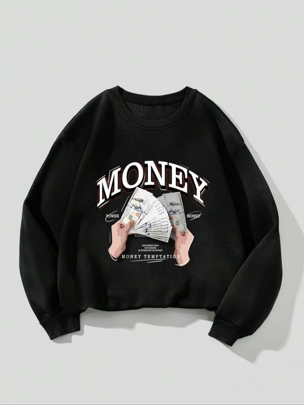 Women's Money Graphic Drop Shoulder Sweatshirt, Round Neck Long Sleeve Pullover, Casual Crew Neck Top for Fall Winter...