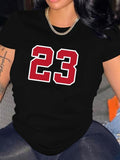 Women's Number "23" Print Short Sleeve Round Neck Tee, Causal Preppy Summer T-shirt Top for Daily Wear, Women Teen Girls...