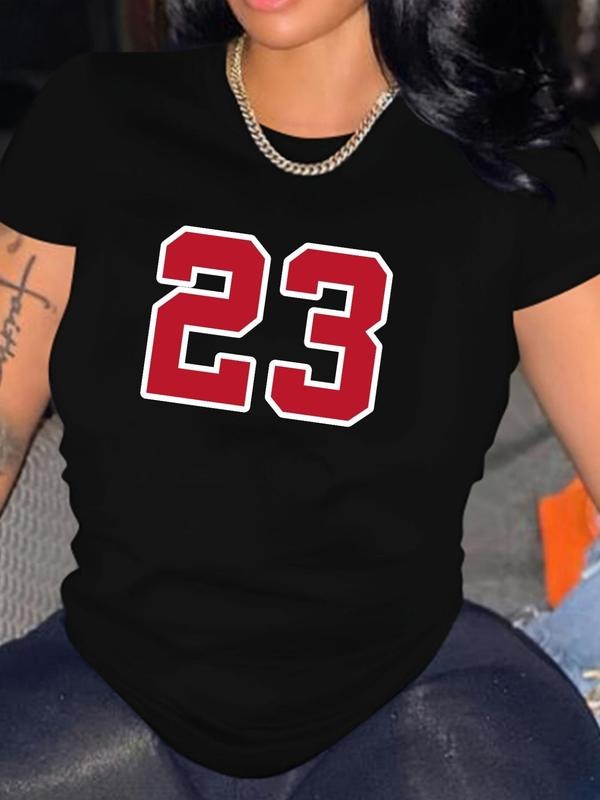 Women's Number "23" Print Short Sleeve Round Neck Tee, Causal Preppy Summer T-shirt Top for Daily Wear, Women Teen Girls...