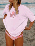 Women's Octopus Print Drop Shoulder Tee, Casual Letter Print Half Sleeve Round Neck T-shirt for Summer, Graphic Tees,...