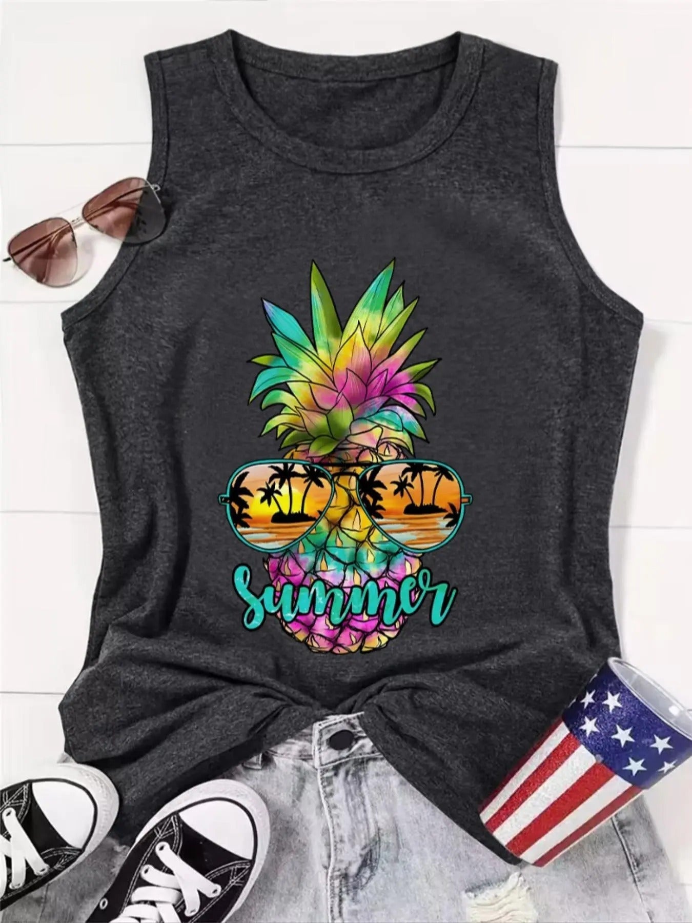 Women's Pineapple Print Round Neck Tank Top, Casual Sleeveless Crew Neck Top for Summer, Ladies Clothes for Daily Wear,...