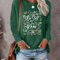 Women's Plants & Letter Print Round Neck Tee, Casual Long Sleeve Crew Neck Top for Fall & Winter, Women's Clothing for...