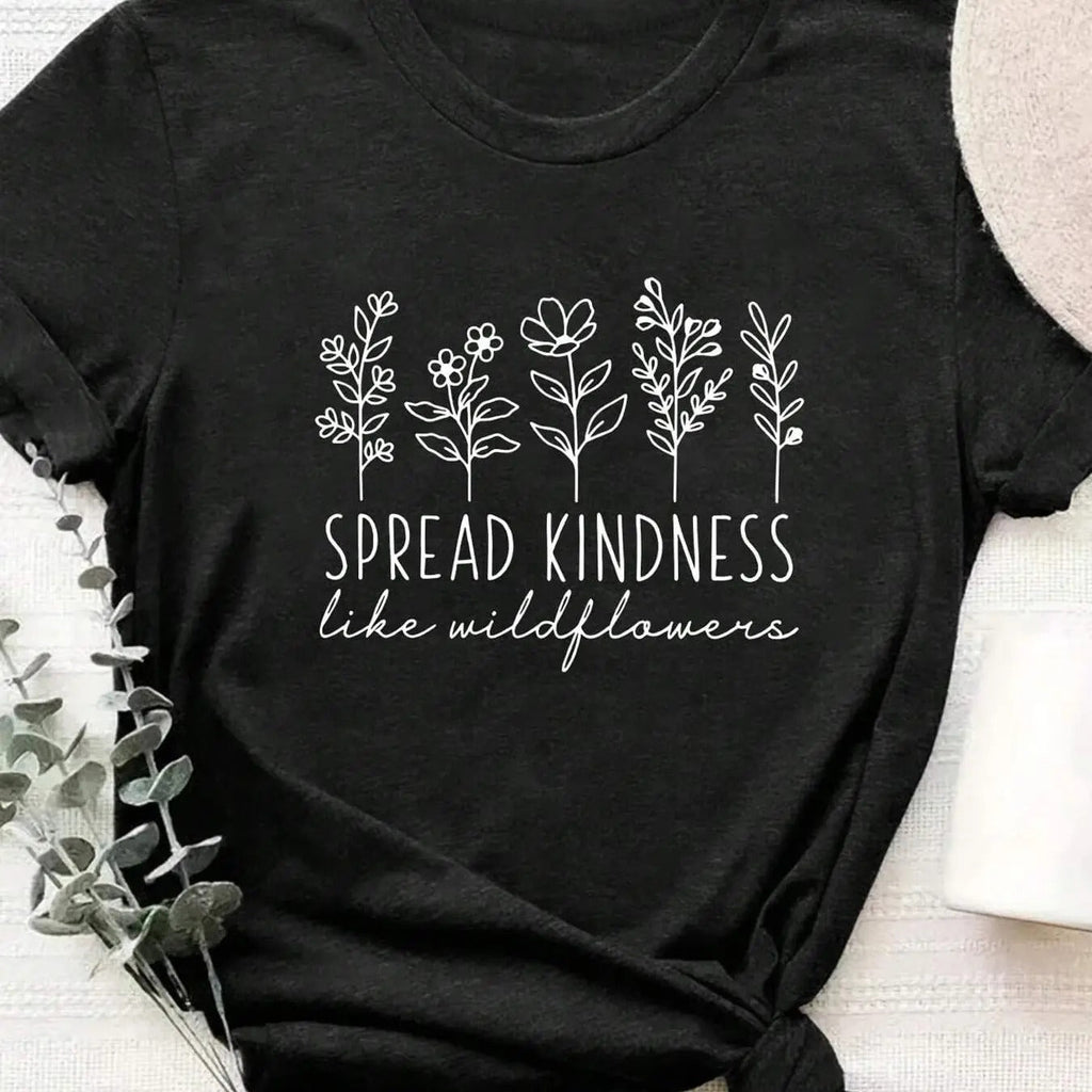 Women's Plants & Letter Print Round Neck Tee, Fashion Casual Short Sleeve T-shirt, Ladies Summer Clothes for Daily Wear...