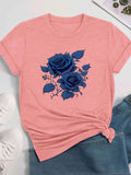 Women's Rose Print Round Neck Tee, Casual Short Sleeve Crew Neck T-shirt for Daily Wear, Ladies Clothes for All Seasons...