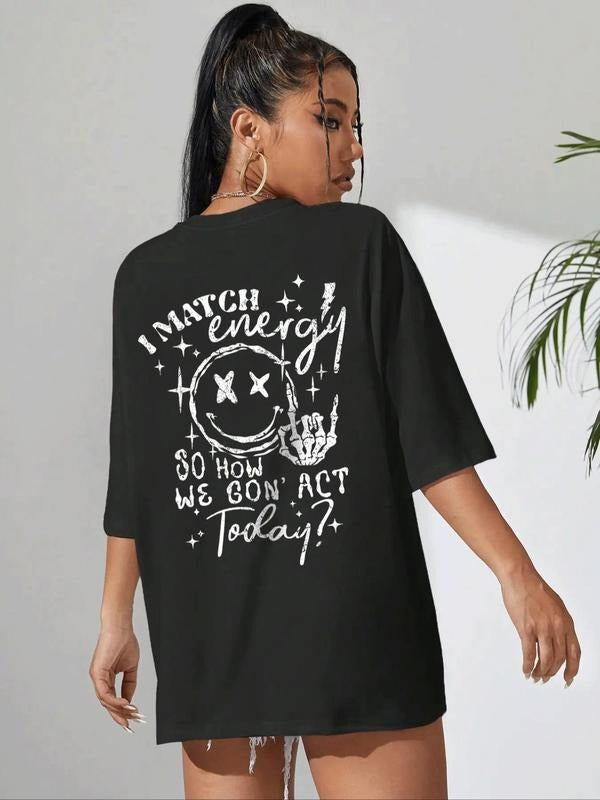 Women's Round Neck Drop Shoulder Graphic Tee, Casual Crew Neck Short Sleeve T-Shirt for Daily Wear, Fashion Ladies Clothes for Summer