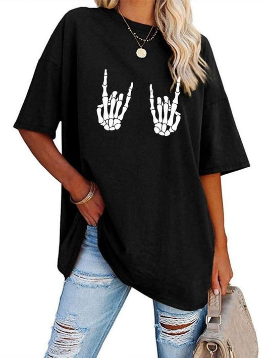 Women's Skeleton Hand Print Drop Shoulder Tee, Personalized Casual Graphic Half Sleeve Round Neck T-Shirt for Summer, Women's Top for Daily Wear