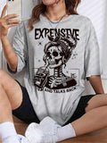 Women's Skull & Letter Print Drop Shoulder Tee, Casual Half Sleeve Round Neck T-shirt for Summer, Women's Top for Daily...