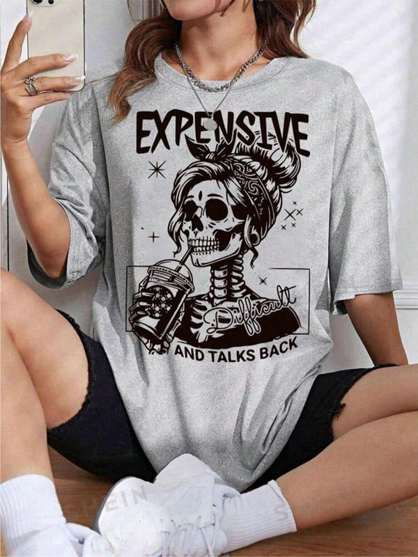 Women's Skull & Letter Print Drop Shoulder Tee, Casual Half Sleeve Round Neck T-shirt for Summer, Women's Top for Daily...