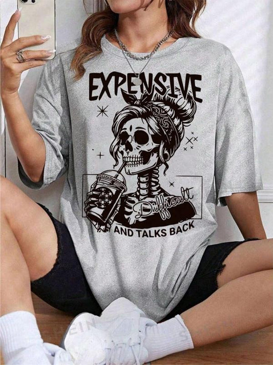 Women's Skull & Letter Print Drop Shoulder Tee, Casual Half Sleeve Round Neck T-shirt for Summer, Women's Top for Daily Wear