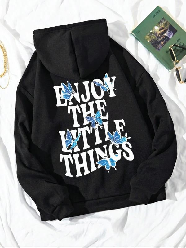 Women's Slogan Graphic Print Drop Shoulder Drawstring Hoodie, Fashion Casual Printed Pocket Hooded Sweatshirt for Daily...