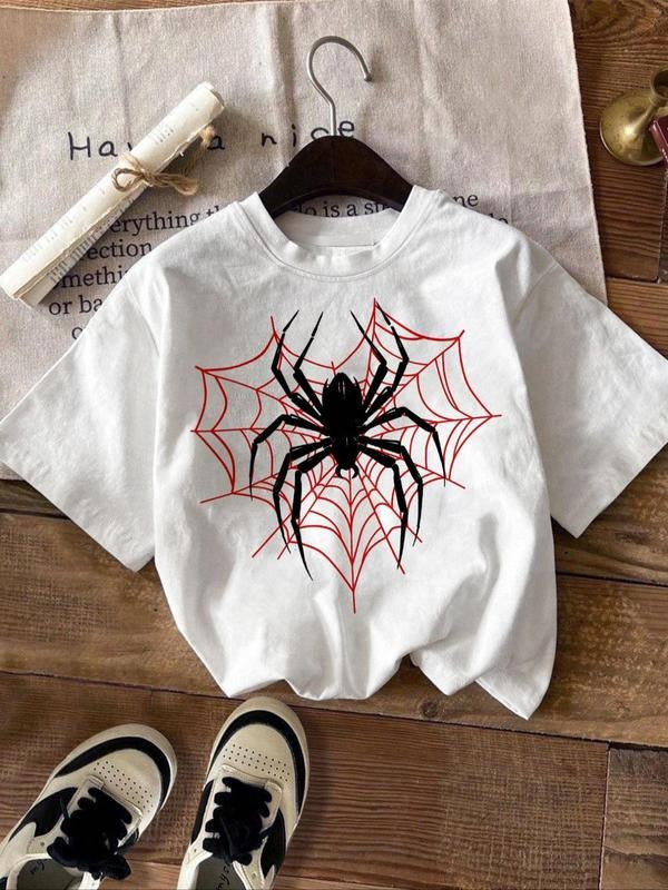 Women's Spider Print Round Neck Tee, Fashion Casual Short Sleeve T-shirt for Daily Wear, Ladies Summer Clothes Hoodie,...