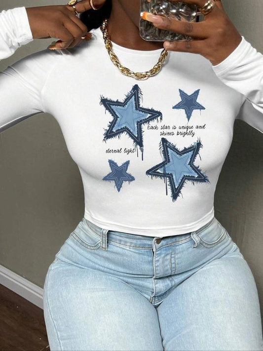 Women's Star & Letter Print Round Neck  Crop Tee, Fashion Casual Crew Neck T-shirt for Daily Holiday Vacation Outdoor Wear, Ladies Clothes for All Seasons