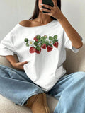 Women's Strawberry Print Off Shoulder Tee, Casual Fashion Cap Sleeve T-shirt for Summer, Women's Top for Daily Wear...