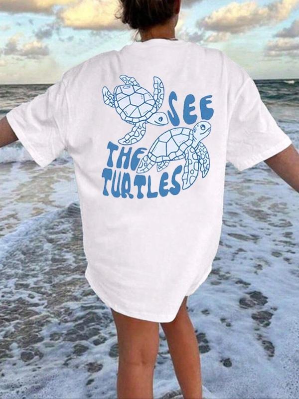 Women's Turtle & Letter Print Round Neck Tee, Casual Drop Shoulder Half Sleeve T-shirt, Ladies Summer Outfit Hoodie,...