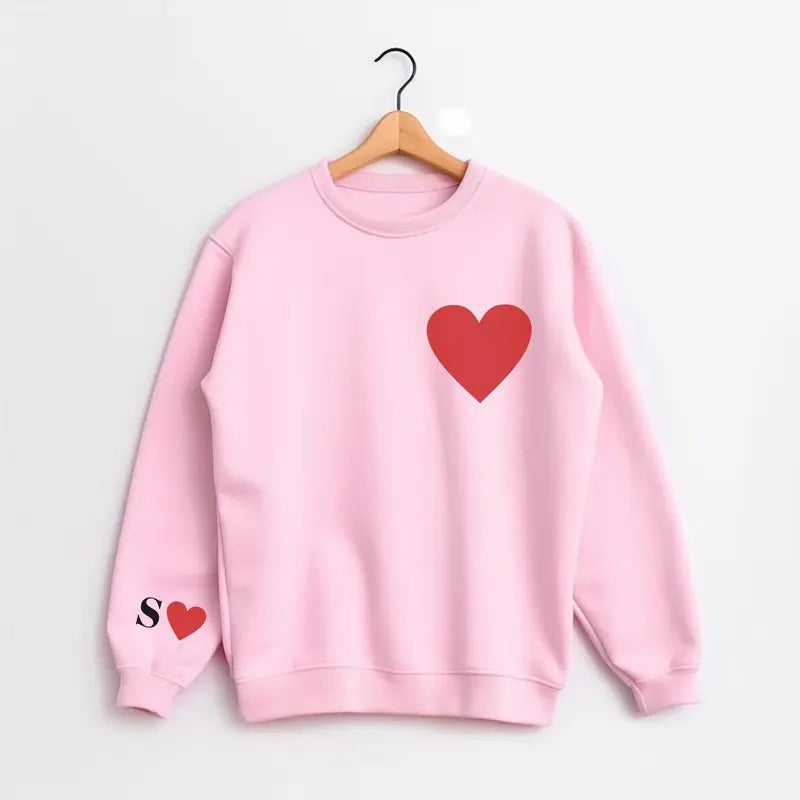 Women's Valentines Sweatshirt with Initial on Sleeve - Couple Matching, Valentine Gift, Loose Fit - Fabric T-Shirts, Hoodie