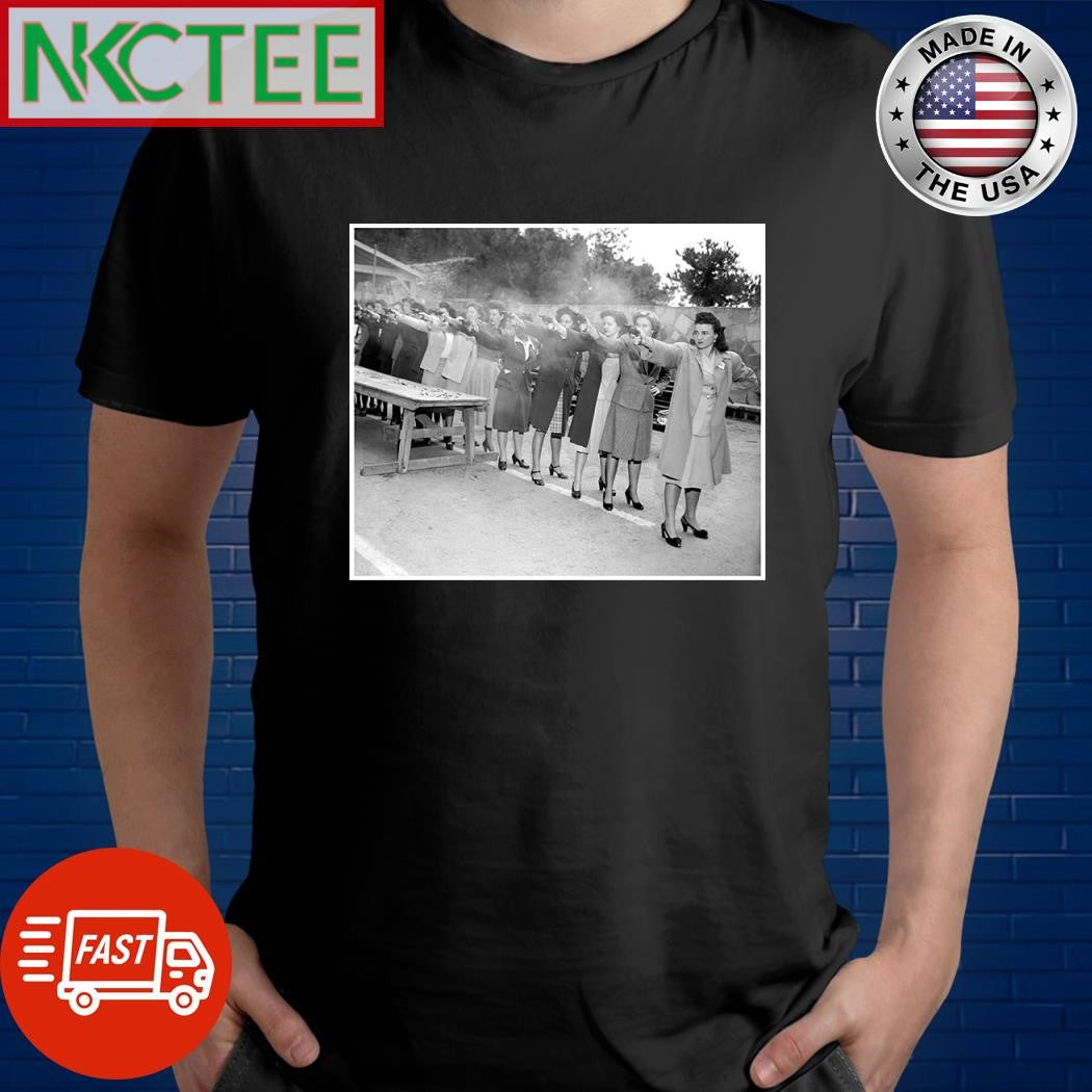 Women trainees of the LAPD practice firing their newly issued revolvers, 1948 shirt