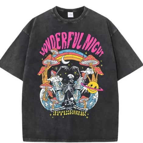 Wonderful Night Skeleton Butterfly Wave Print T-Shirts Fashion Tops Street Clothing Loose Wash Tee, Unisex T-Shirt, For...