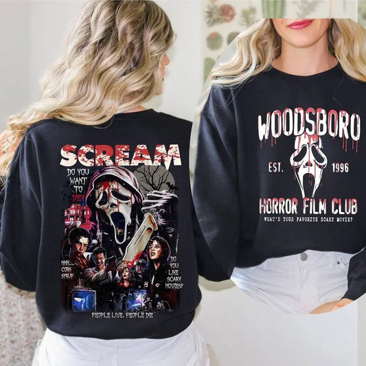 Woodsboro Horror Film Club Sweatshirt, Halloween Ghost Face Sweatshirt, Horror Ghostface Halloween Sweater, Halloween Ghostface Vintage Tee Shirt, Ghostface Tee Shirt, Halloween Horror Characters Sweatshirt, Best Gift For Halloween, Both Sides Printed