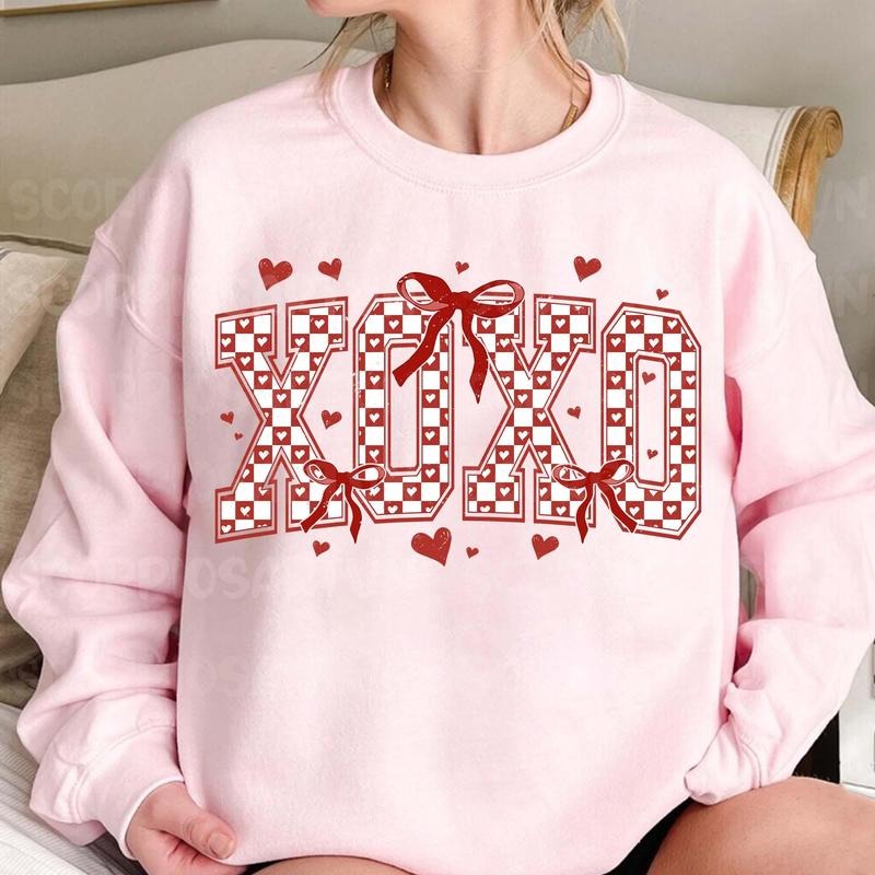 XOXO Checkered Sweatshirt, Checkered Varsity Sweatshirt, Retro Valentine , Valentines Coquette Bow Sweatshirt, Valentine day Gifts, Gift For Girlfriend