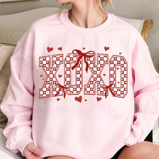 XOXO Checkered Sweatshirt, Checkered Varsity Sweatshirt, Retro Valentine , Valentines Coquette Bow Sweatshirt, Valentine day Gifts, Gift For Girlfriend