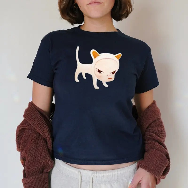 Yoshitomo Nara Art Cat Baby Tee, Japanese Art, Cute Cat Baby Tee, Y2k Top Women Streetwear, Women Fitted T-Shirt, Grunge...