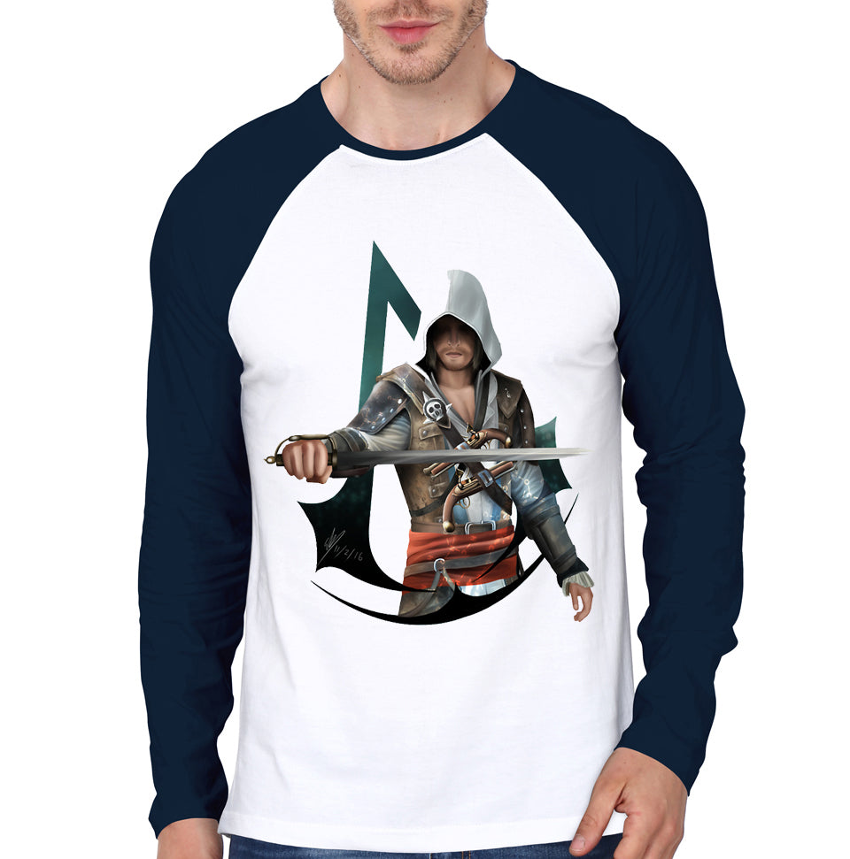Assassins Cred White & Navy Raglan Tee Hoodie, Sweatshirt | PureTeeCo.com