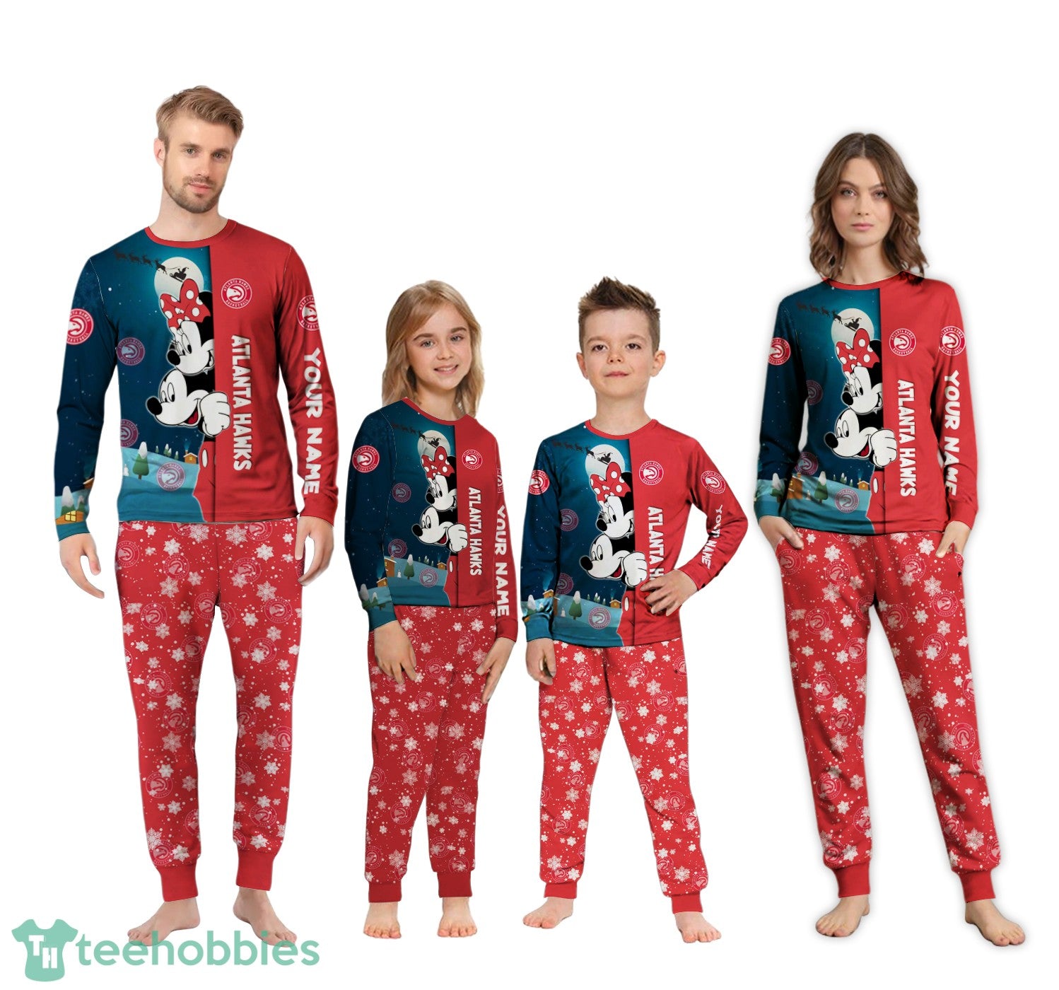 Custom Name Atlanta Hawks Cartoon Mouse Couple Christmas Matching Pajamas Set