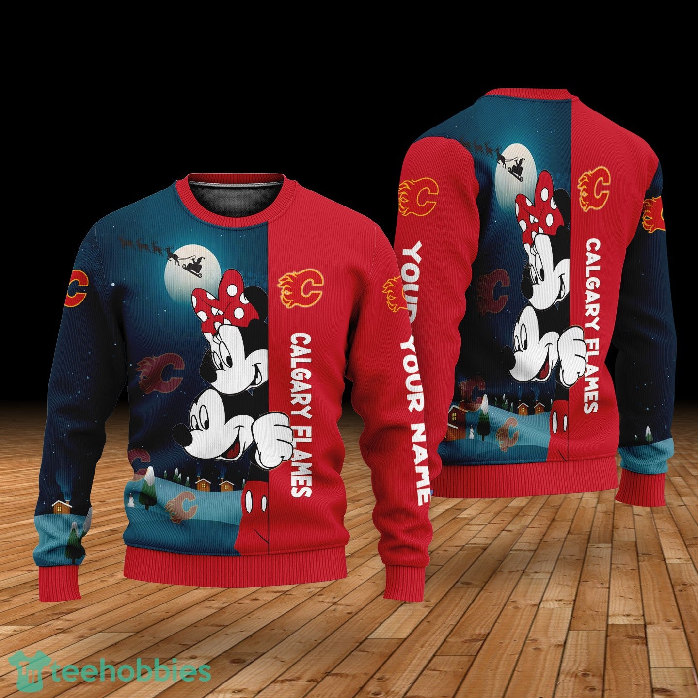 Custom Name Calgary Flames Cartoon Mouse Couple Christmas 3D Sweater