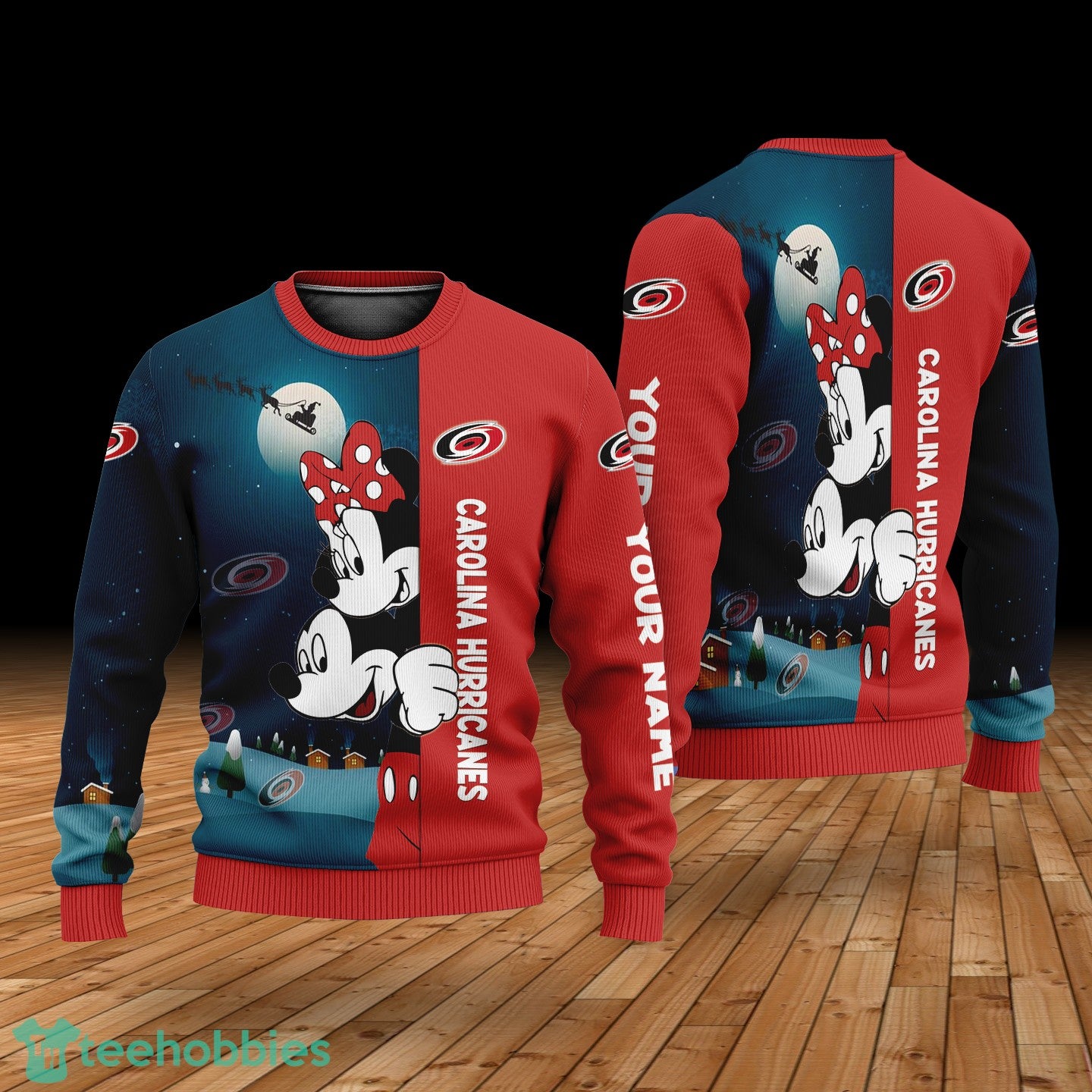 Custom Name Carolina Hurricanes Cartoon Mouse Couple Christmas 3D Sweater