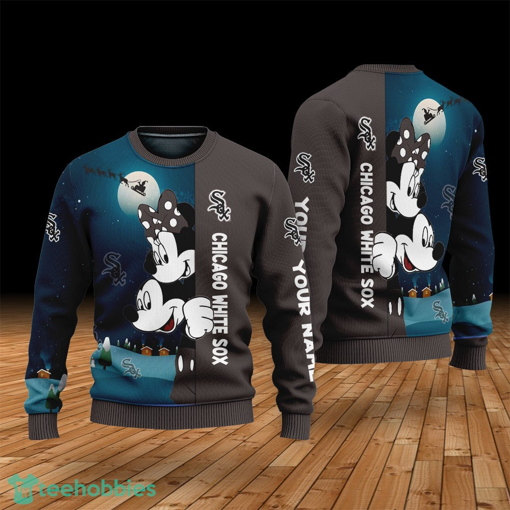 Custom Name Chicago White Sox Cartoon Mouse Couple Christmas 3D Sweater