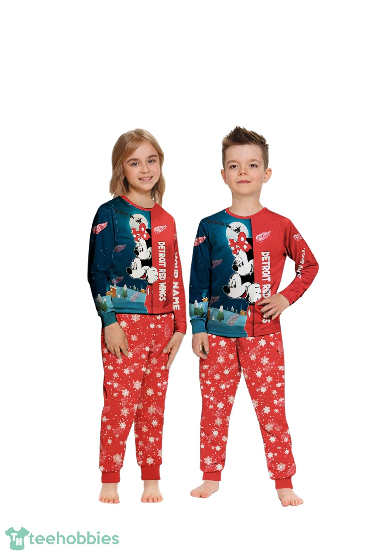 Custom Name Detroit Red Wings Cartoon Mouse Couple Christmas Matching Pajamas Set