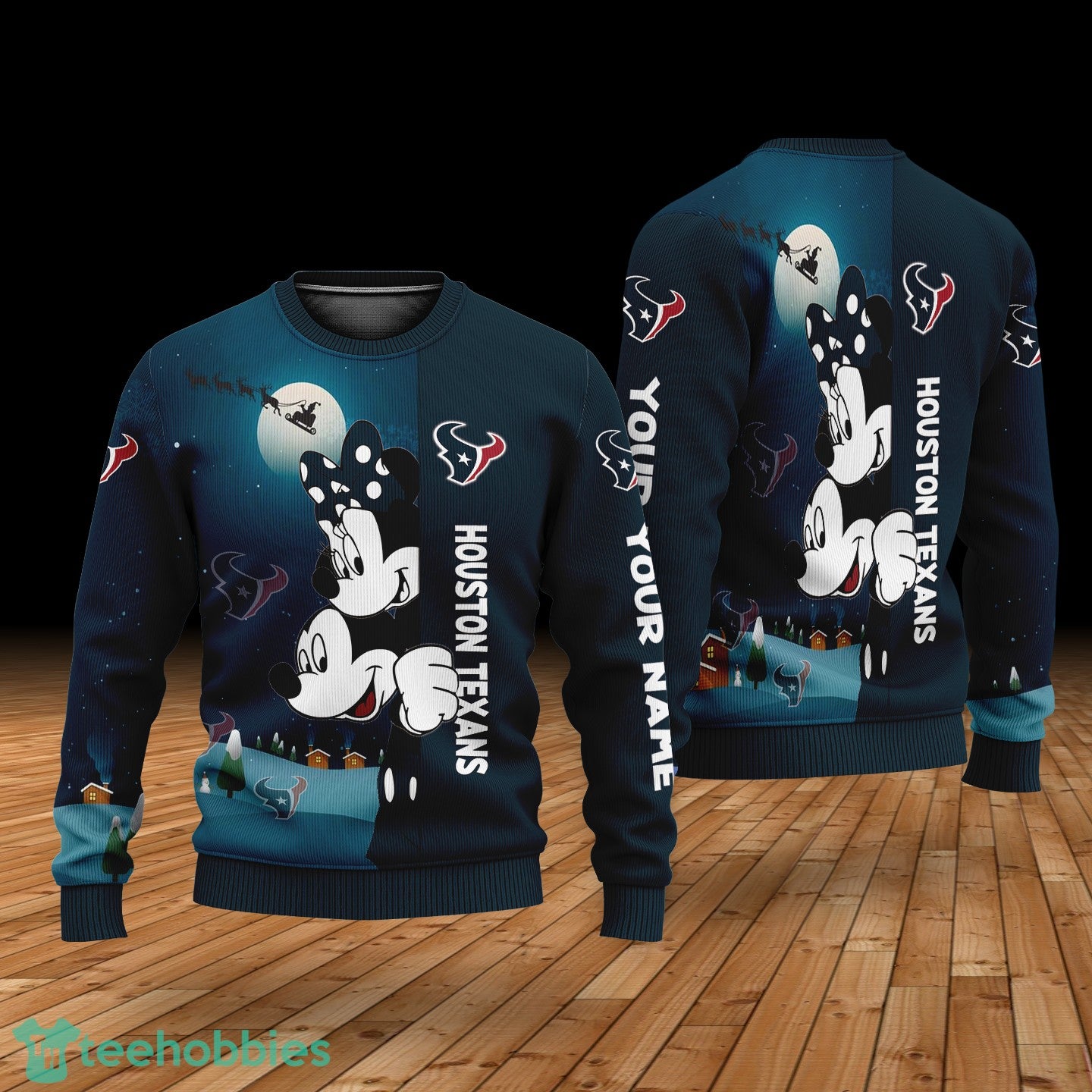Custom Name Houston Texans Cartoon Mouse Couple Christmas 3D Sweater