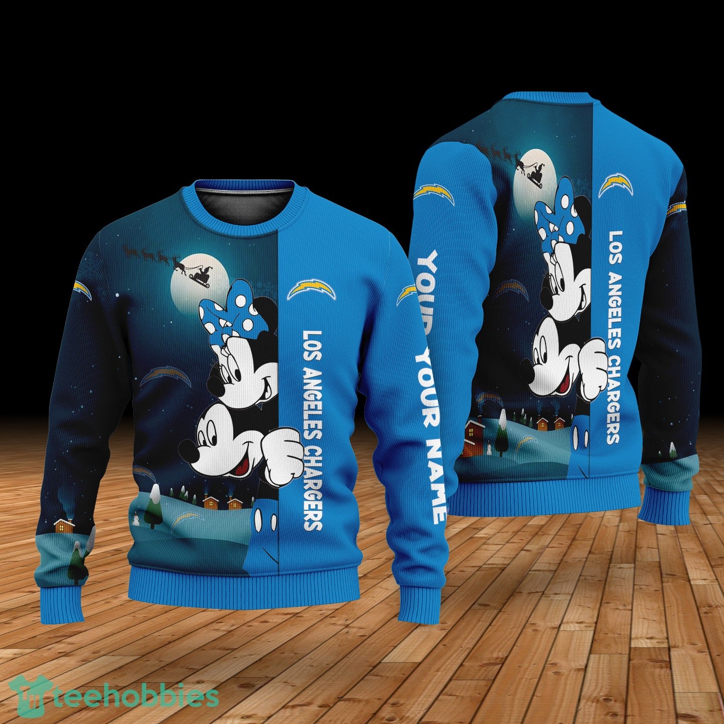 Custom Name Los Angeles Chargers Cartoon Mouse Couple Christmas 3D Sweater