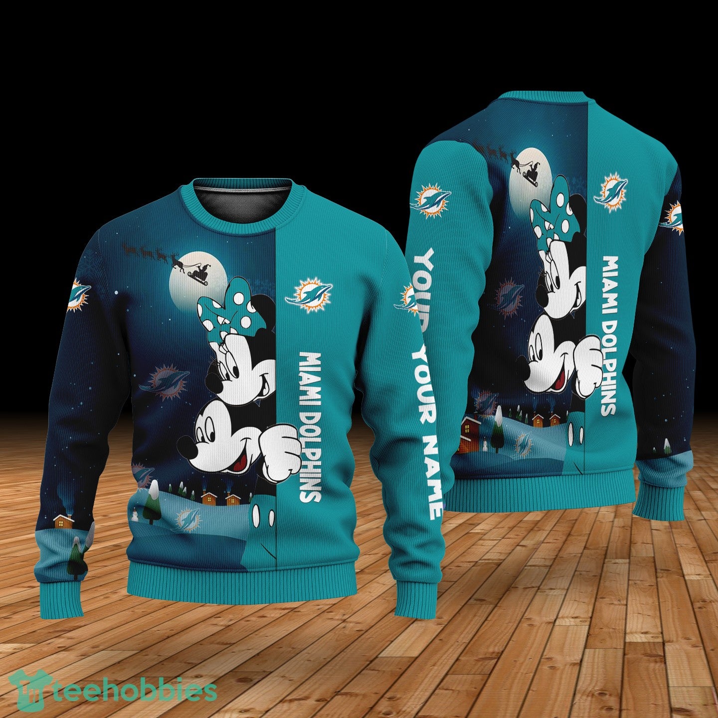 Custom Name Miami Dolphins Cartoon Mouse Couple Christmas 3D Sweater