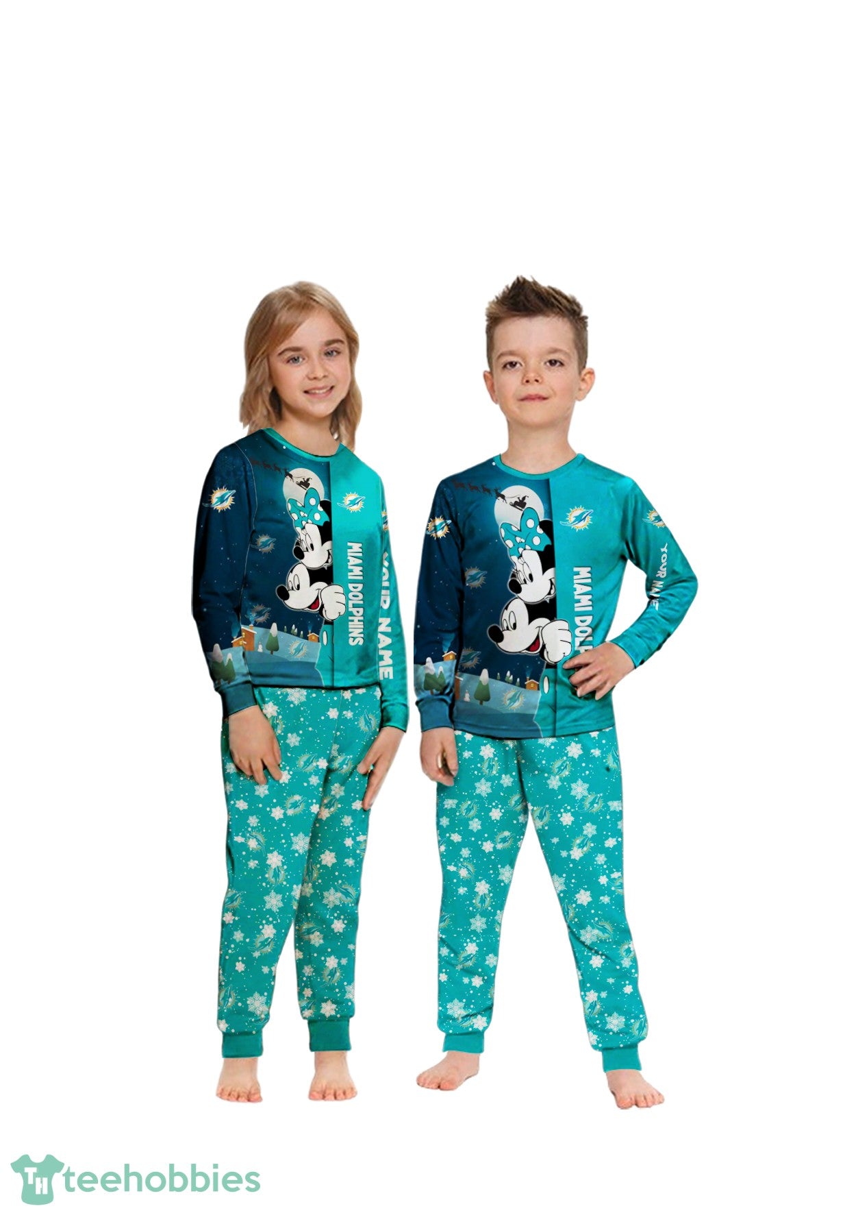 Custom Name Miami Dolphins Cartoon Mouse Couple Christmas Matching Pajamas Set