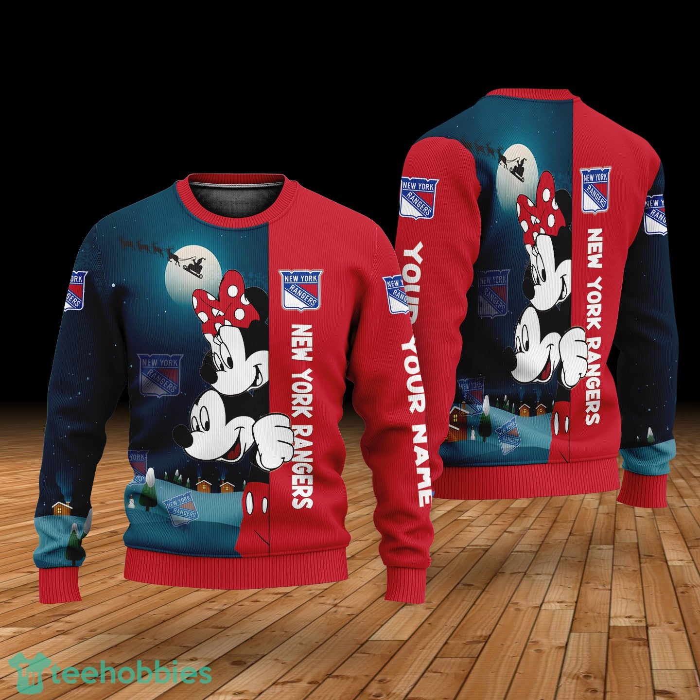 Custom Name New York Rangers Cartoon Mouse Couple Christmas 3D Sweater