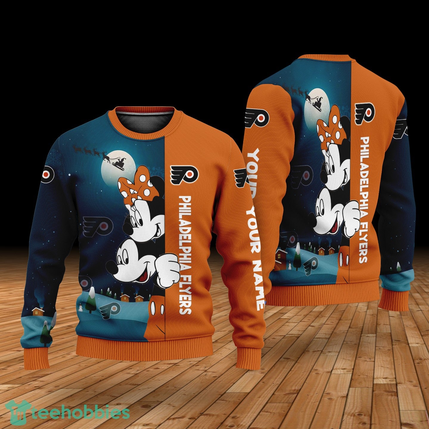 Custom Name Philadelphia Flyers Cartoon Mouse Couple Christmas 3D Sweater