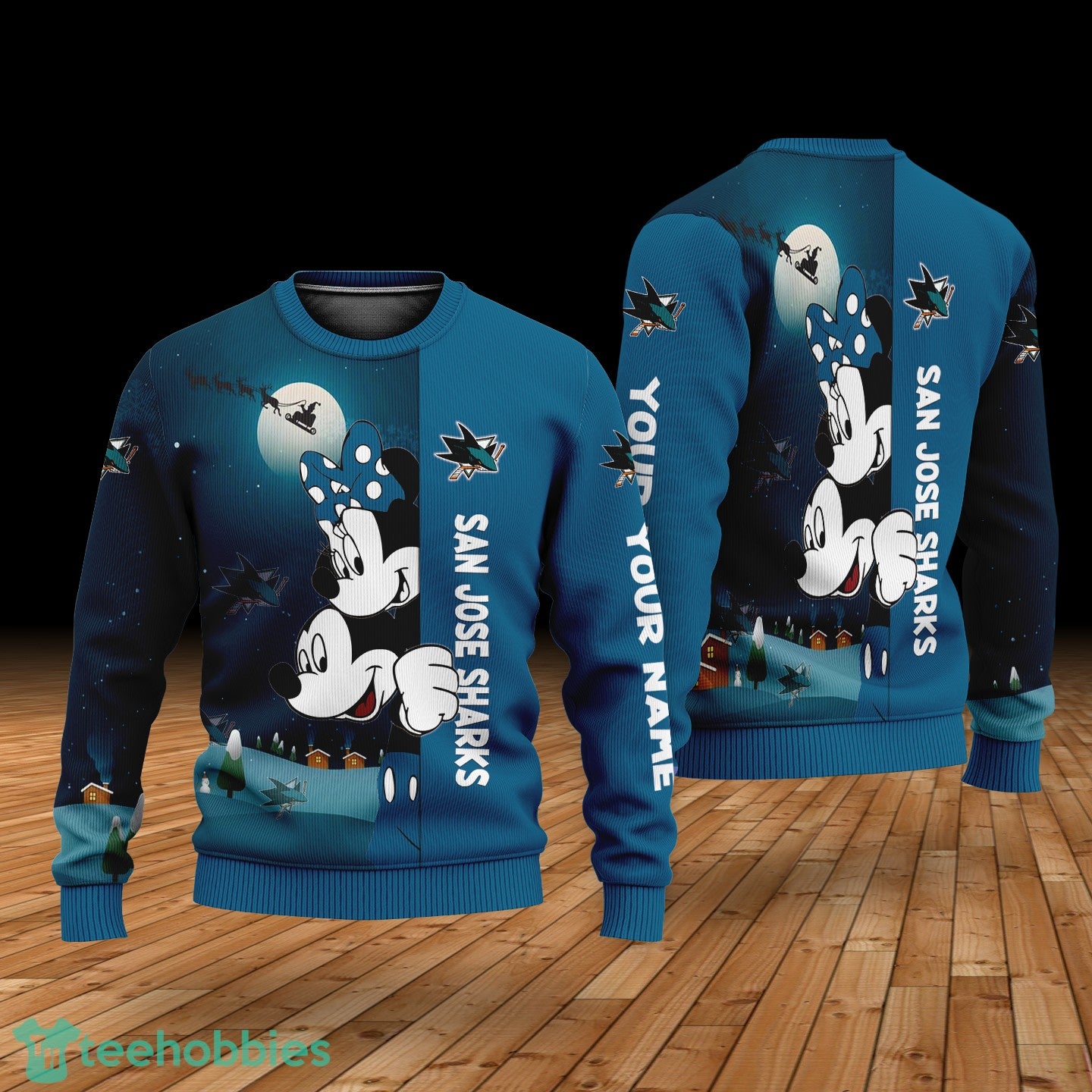 Custom Name San Jose Sharks Cartoon Mouse Couple Christmas 3D Sweater