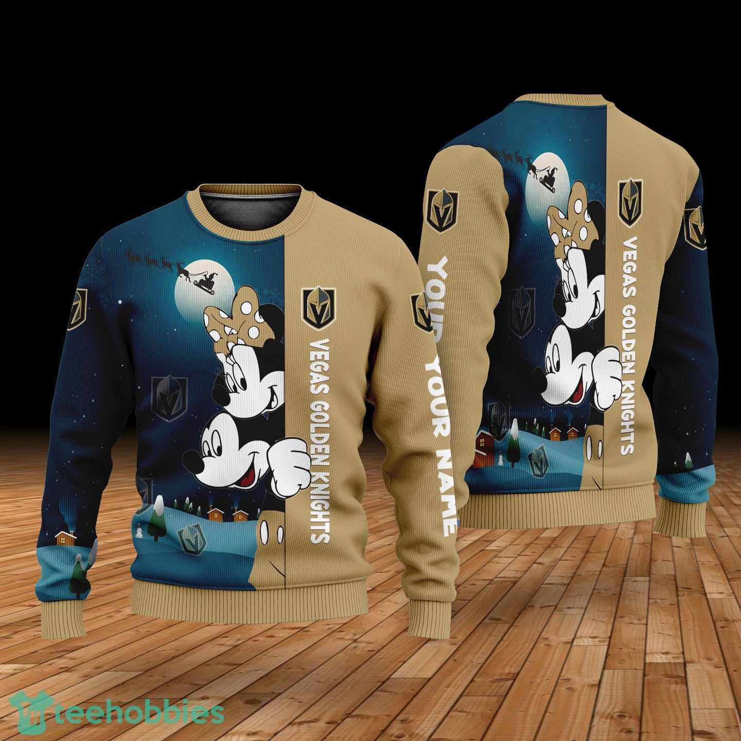 Custom Name Vegas Golden Knights Cartoon Mouse Couple Christmas 3D Sweater