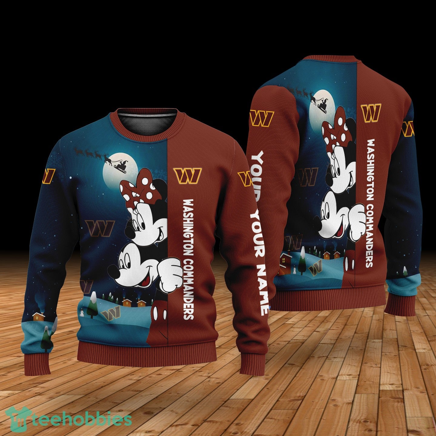 Custom Name Washington Commanders Cartoon Mouse Couple Christmas 3D Sweater